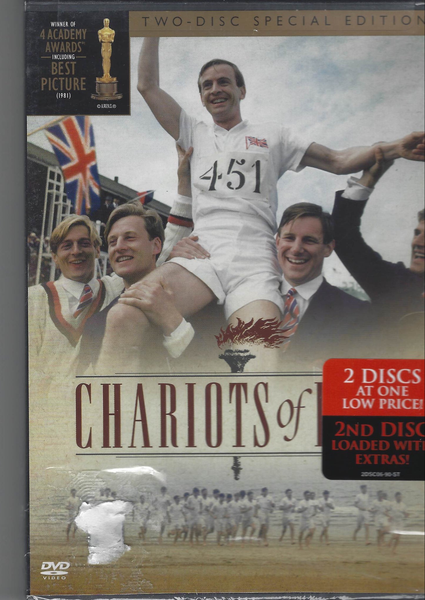 DVD cover of 'Chariots of Fire' with athletes and British flag on a gray background