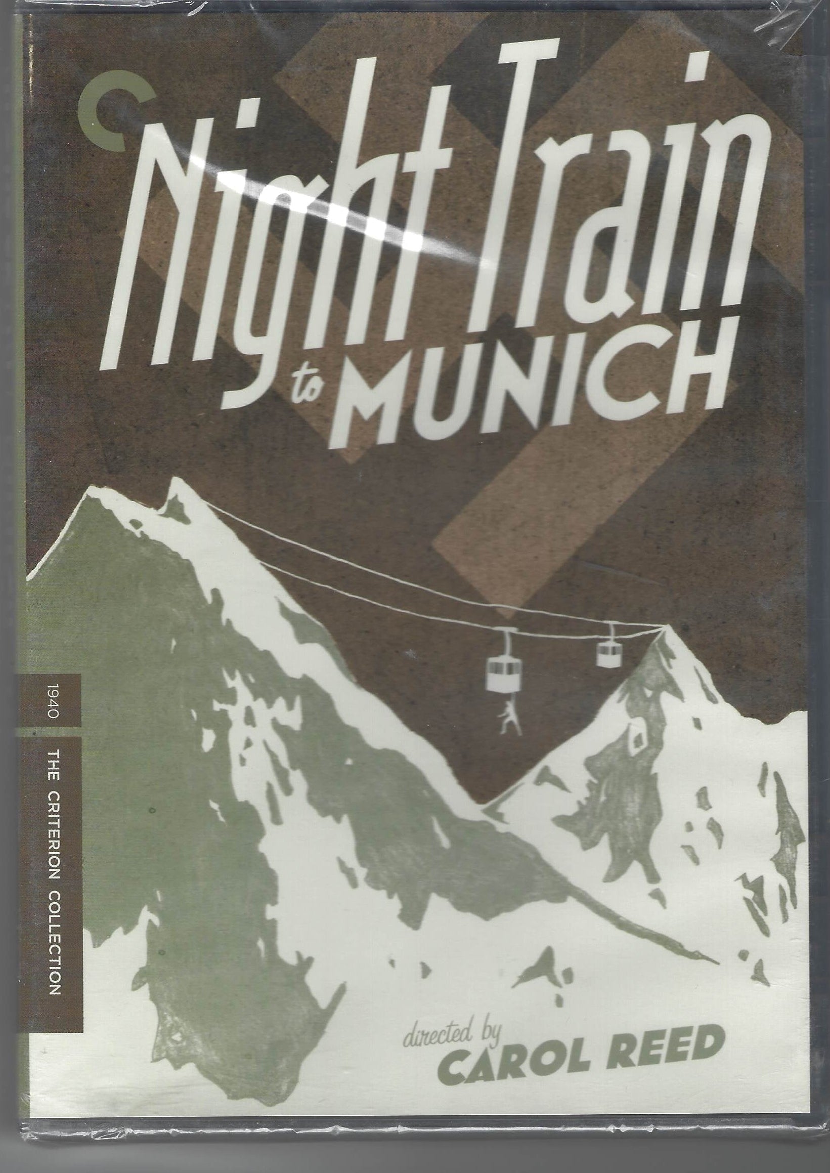 Movie poster for 'Night Train to Munich' with mountain and ski lift design on a gray background