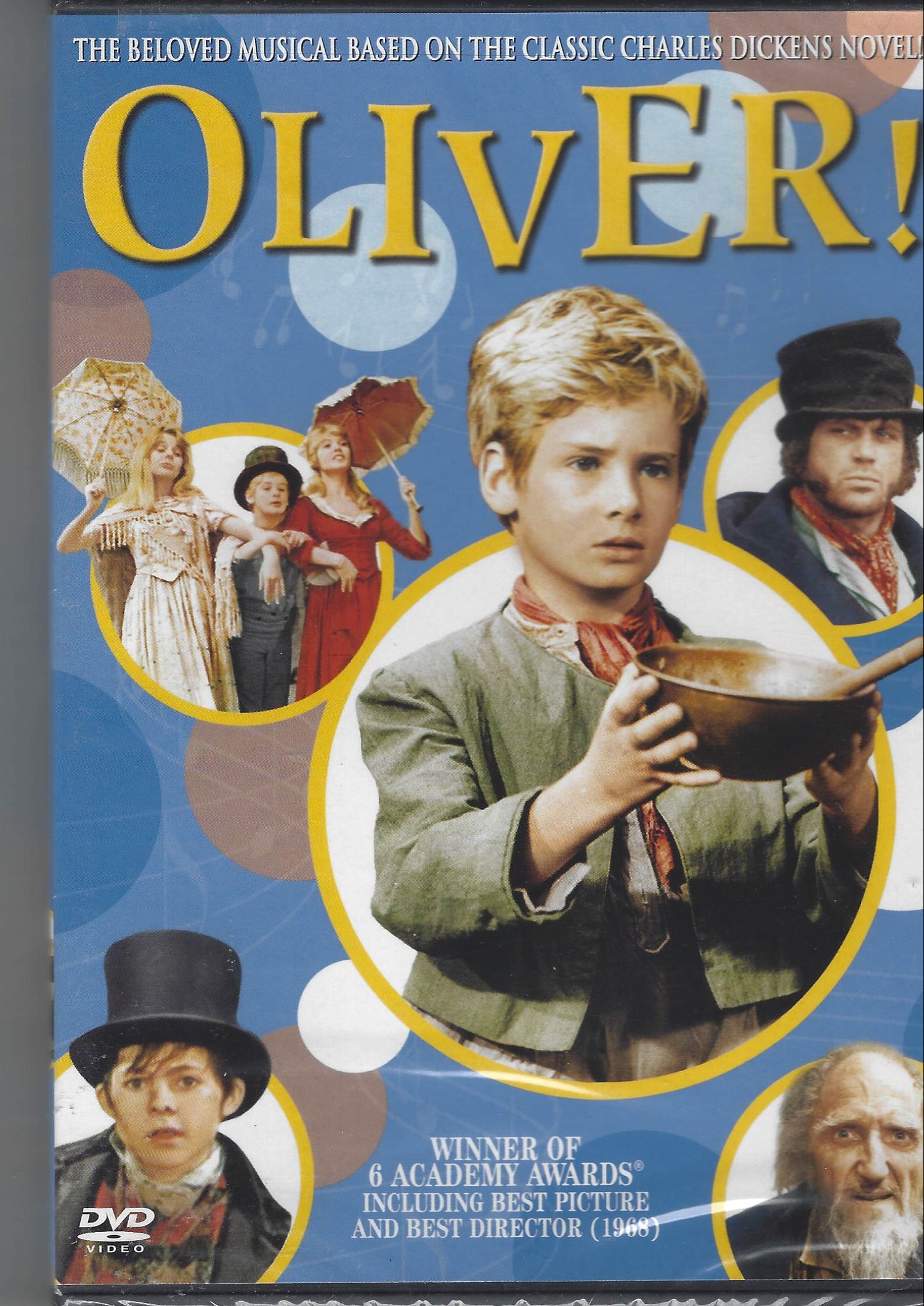 DVD cover of 'Oliver!' with character images and text on a gray background