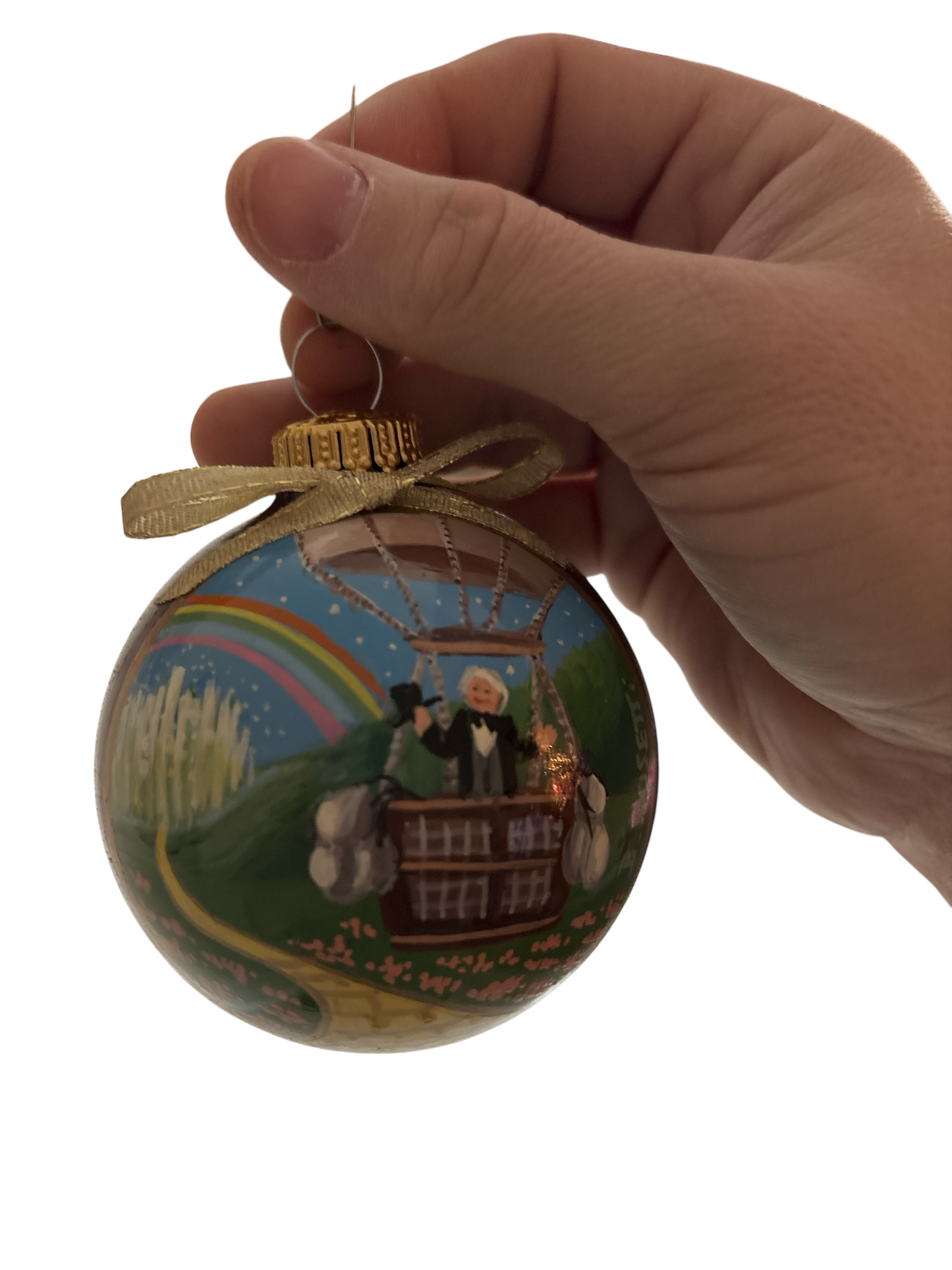 Wizard of Oz - Wizard in Hot Air Balloon with Yellow Brick Road and Emerald City Artist Painted Ornament