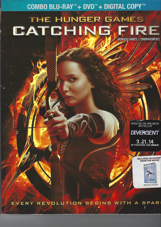 DVD cover of 'Catching Fire' from 'The Hunger Games' series on a gray background