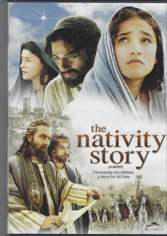 DVD cover of 'The Nativity Story' with images of characters and text on a gray background