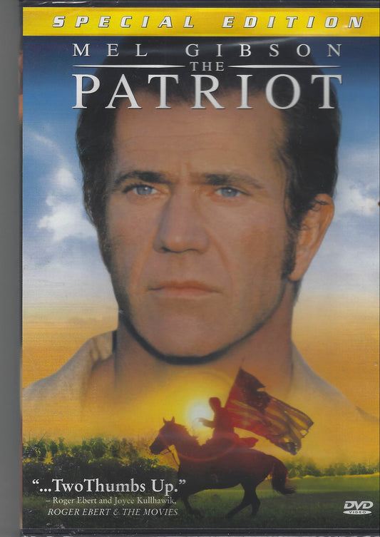 DVD cover of 'The Patriot' featuring Mel Gibson with a desert landscape and flag.