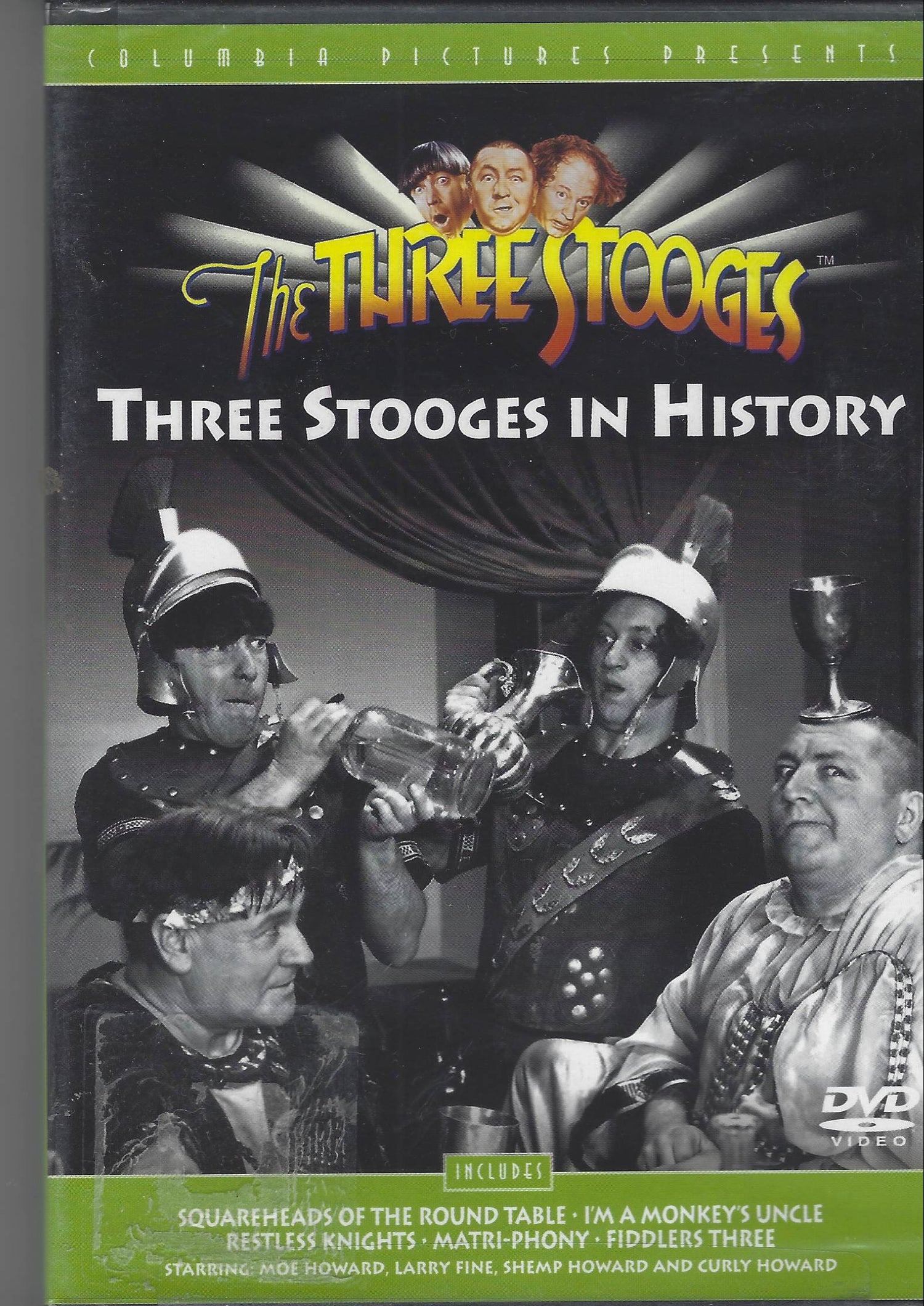 DVD cover of 'Three Stooges in History' featuring the Three Stooges on a gray background.