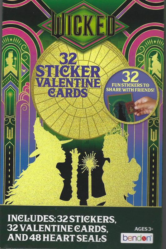 Wicked 32 Valentine Cards with 32 Stickers and Heart Seals